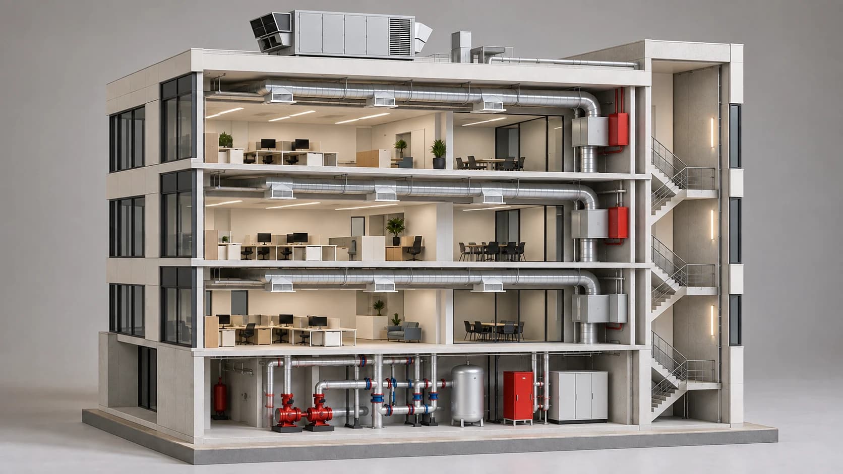 Illustrative building cutaway with a rooftop unit, three office floors, ductwork and a ground-floor plant room.