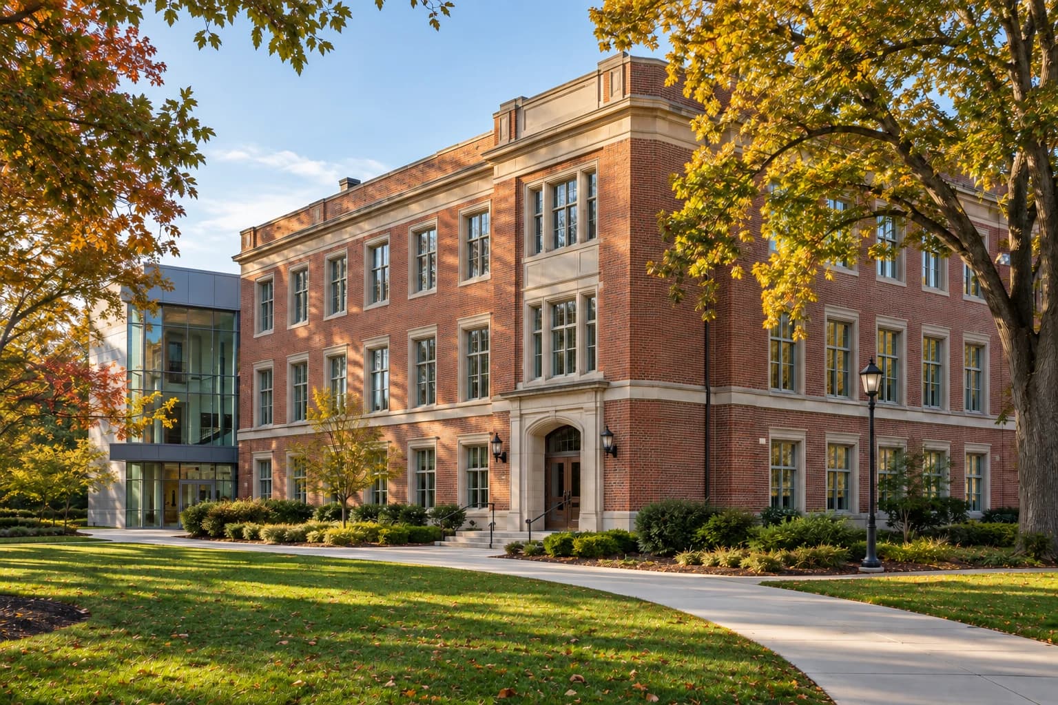 Representative brick academic building with limestone trim and a glazed connector beside an autumn lawn