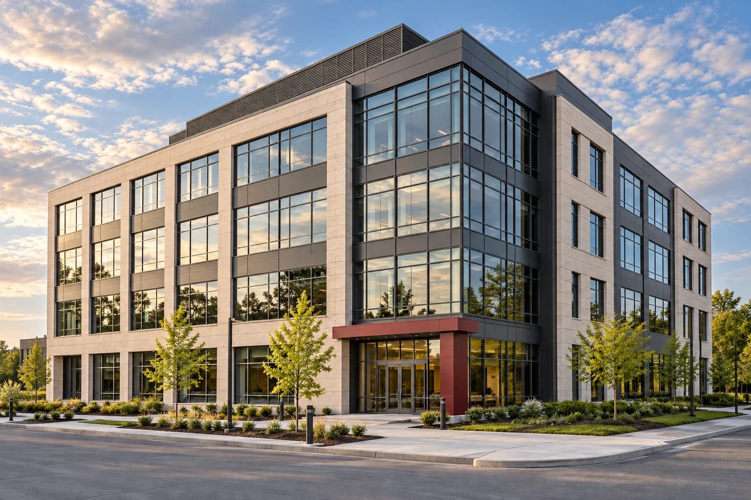 Illustrative commercial building with glass and stone facades, a crimson entry canopy and landscaped grounds