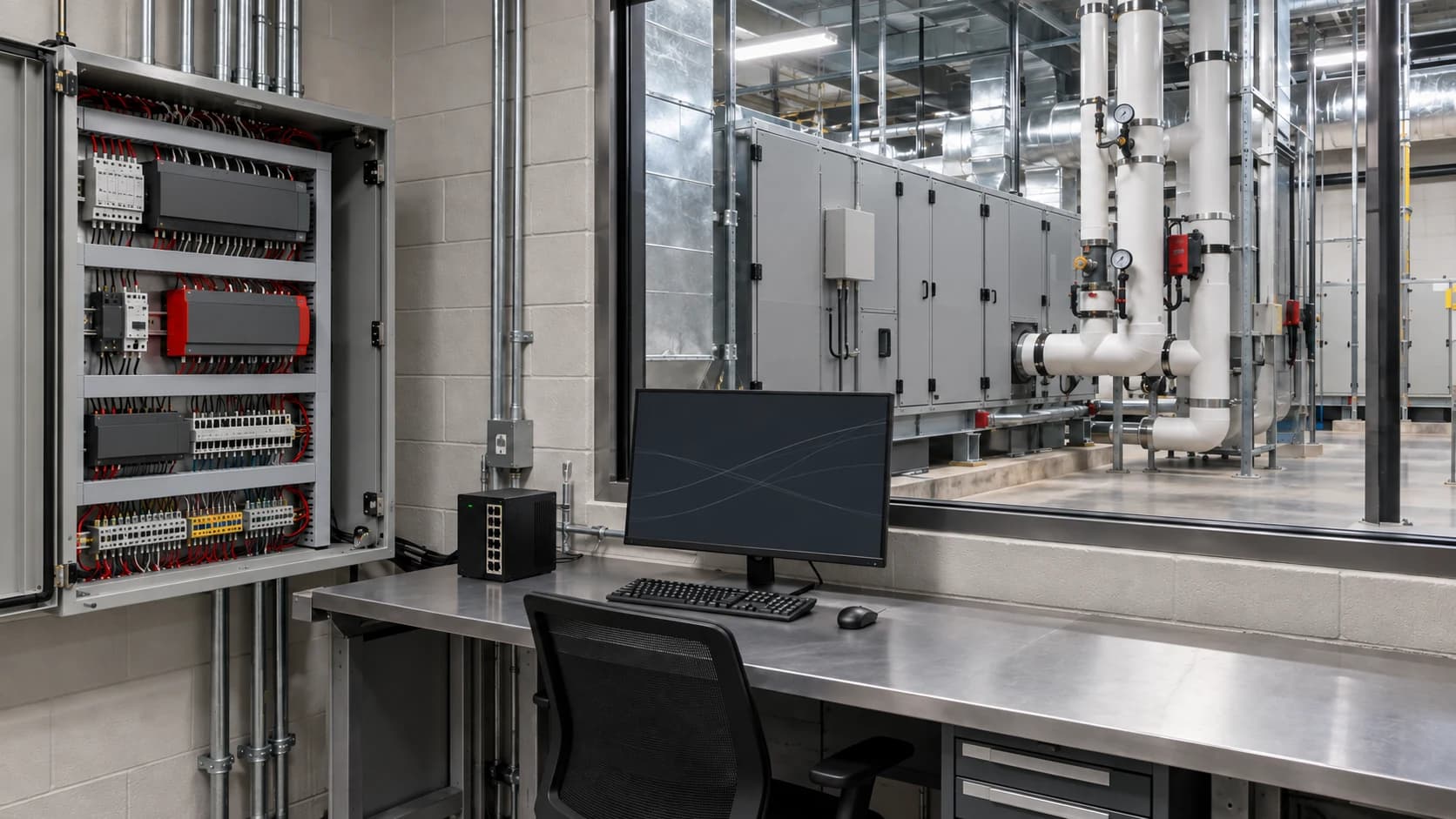 Representative controls environment with a BAS cabinet, operator desk, and glazed view into a mechanical plant.