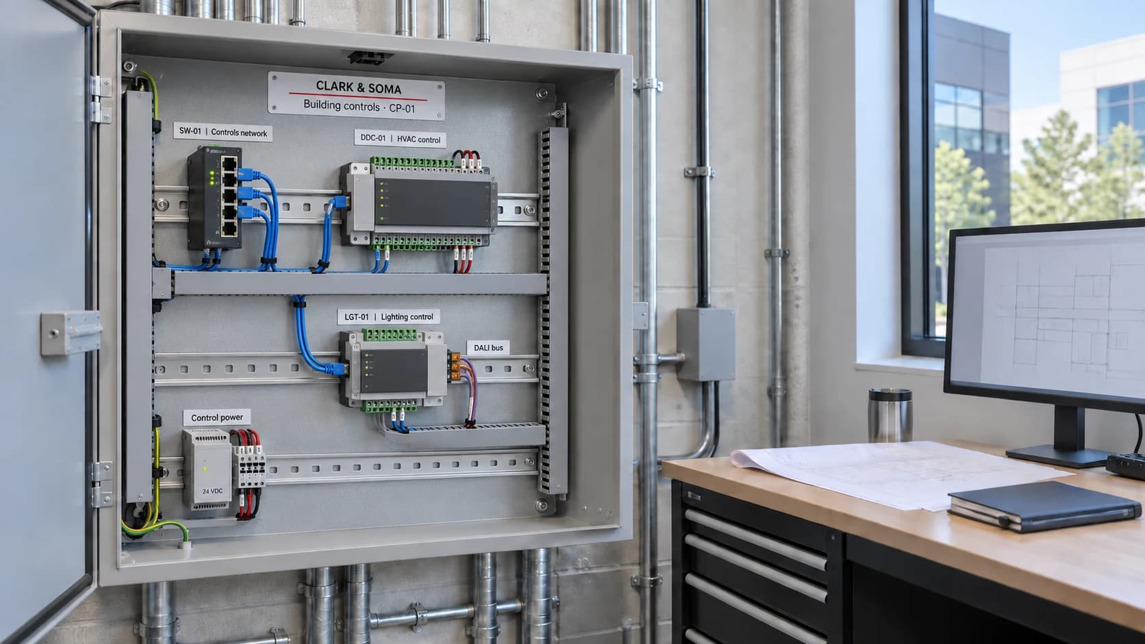 Illustrative controls panel with a labeled Ethernet switch, DDC controller, lighting controller, compact control power and neatly routed wiring.