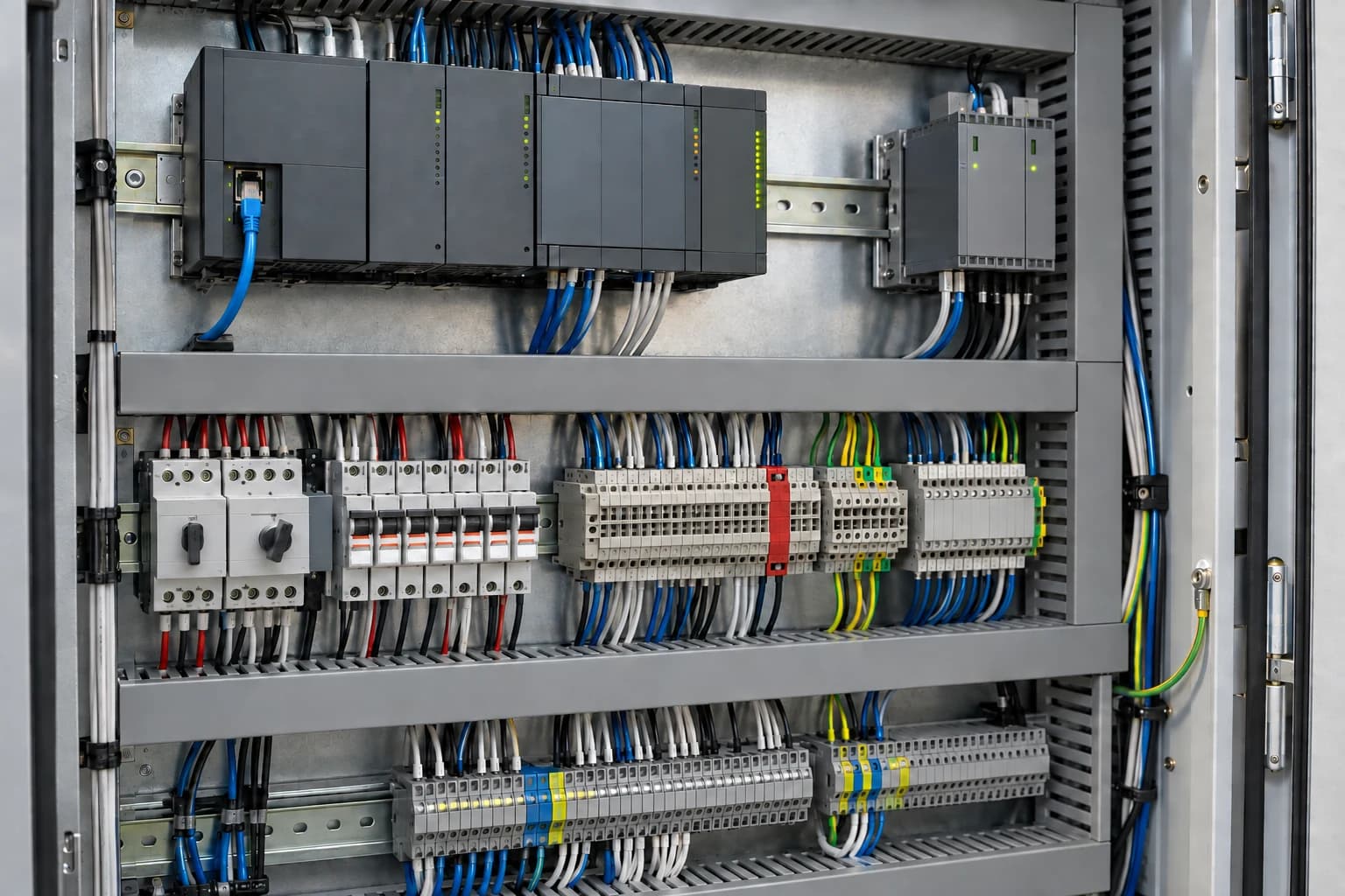 Illustrative industrial controls cabinet with controllers, terminal blocks and neatly routed wiring