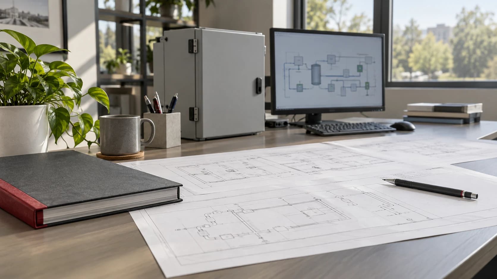 Representative controls workspace with drawing sheets, an owner handoff binder, a control enclosure, and an operator workstation.