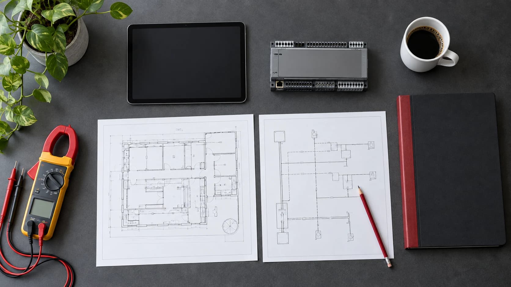 Overhead controls planning worktable with drawings, a tablet, a controller, a clamp meter and a crimson-spined notebook.