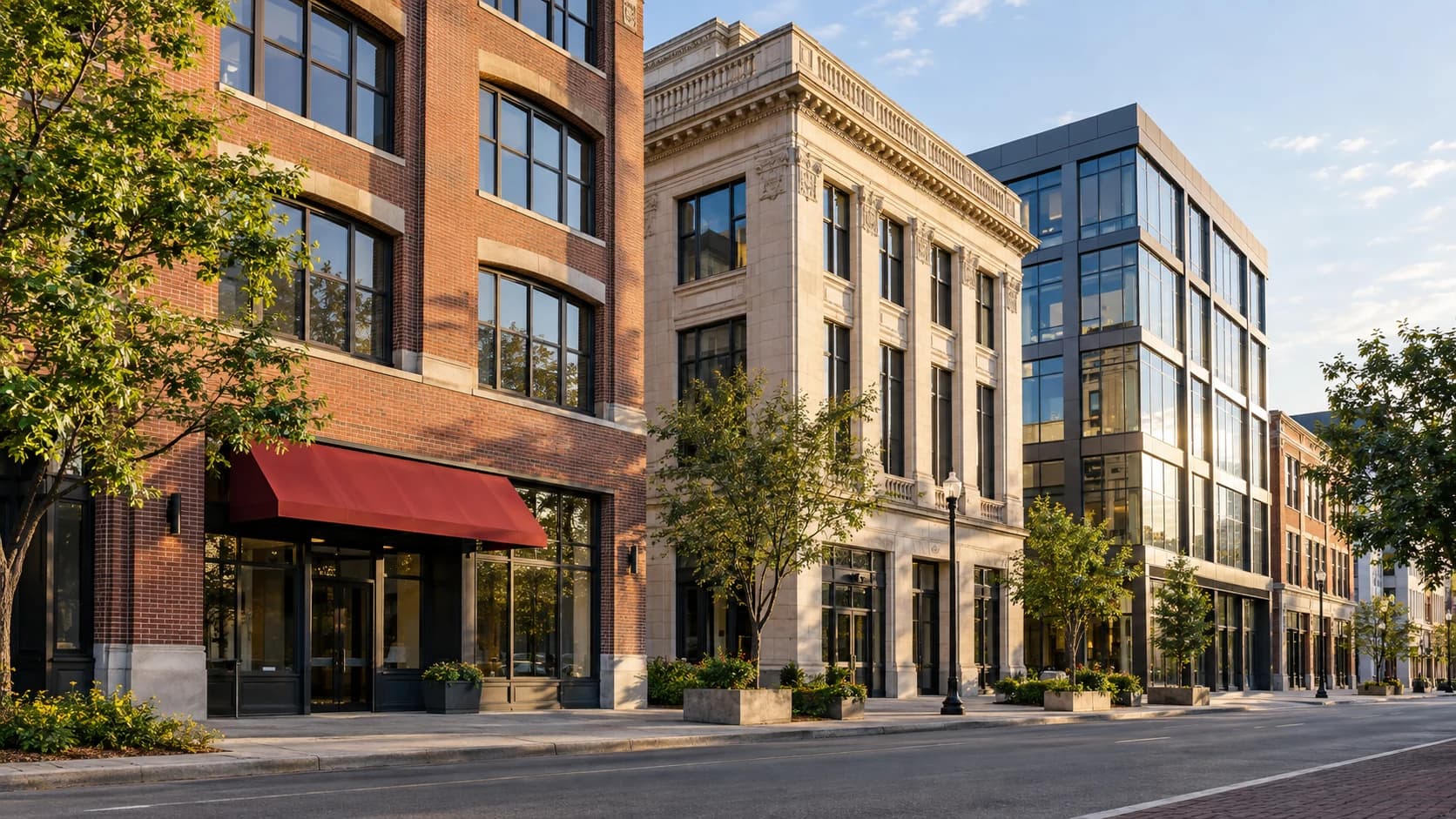 Representative row of brick, limestone, and glass commercial buildings along an empty downtown street