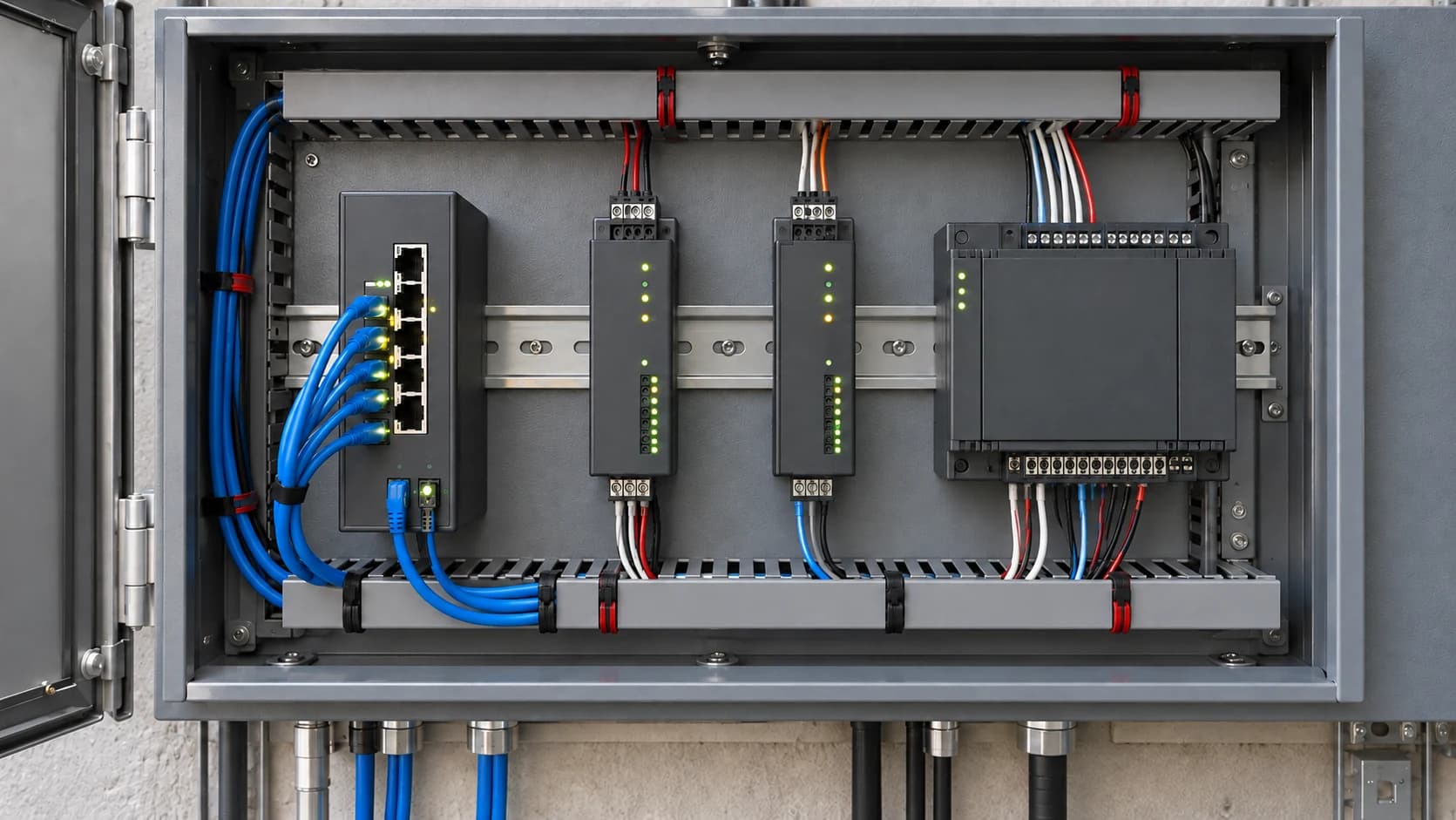 Open integration panel with an Ethernet switch, two gateway modules, a controller and neatly routed blue patch leads.