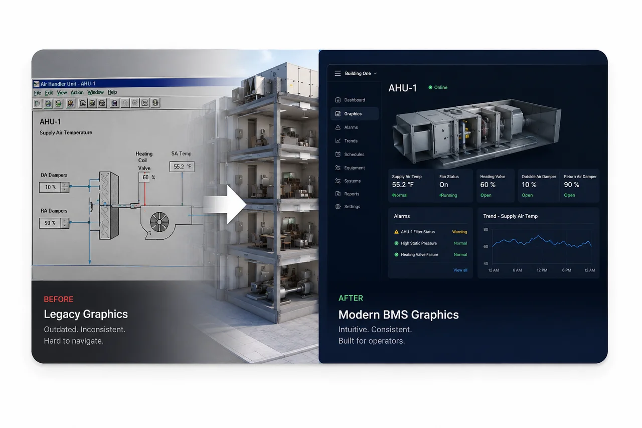 Side-by-side comparison of an air handler screen: a dated legacy SCADA window for AHU-1 on the left versus a modern, dark-themed BMS dashboard on the right showing the same unit online with supply-air temperature, fan status, valve and damper positions, active alarms, and a supply-air-temp trend.