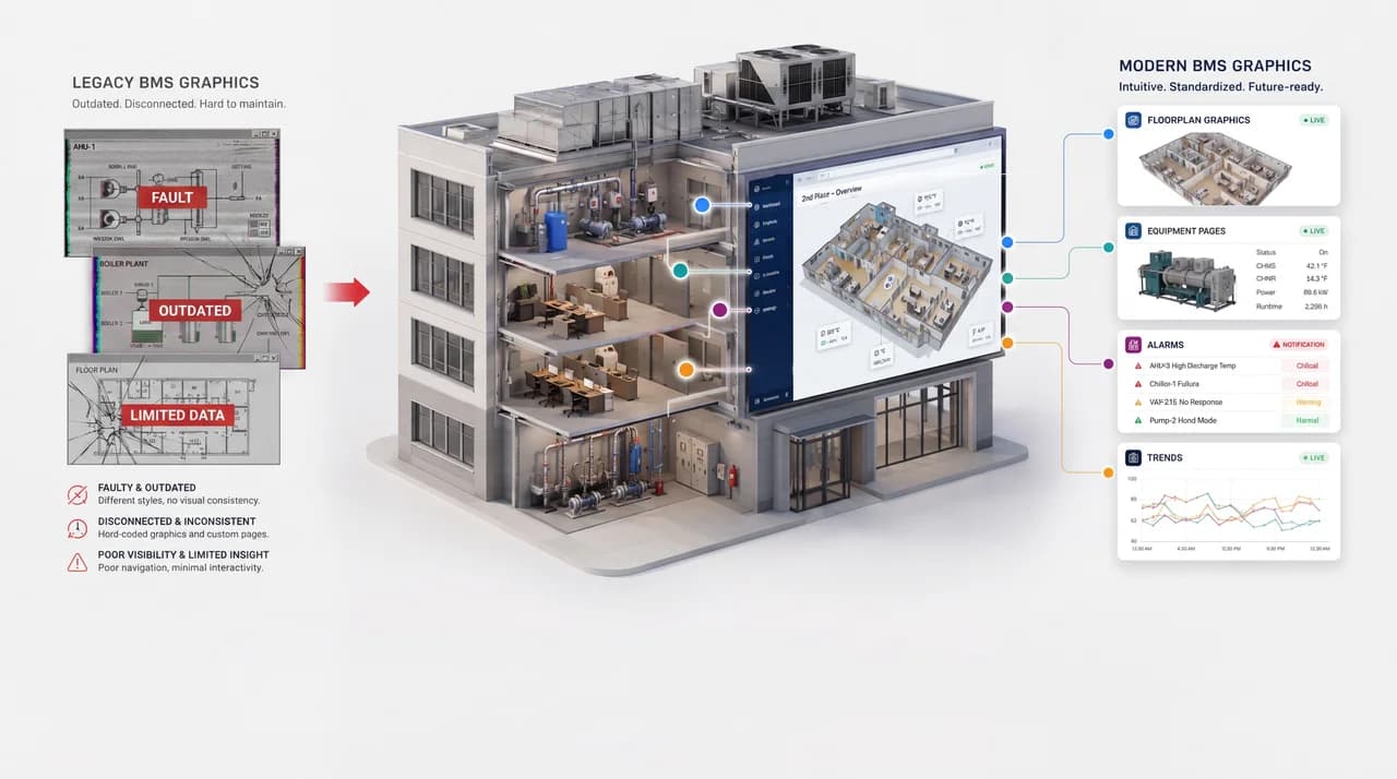 Building cutaway flanked by legacy BMS graphics on the left (faulty, outdated, limited-data screens) and modern BMS graphics on the right: live floorplan graphics, equipment pages, alarms, and trends.