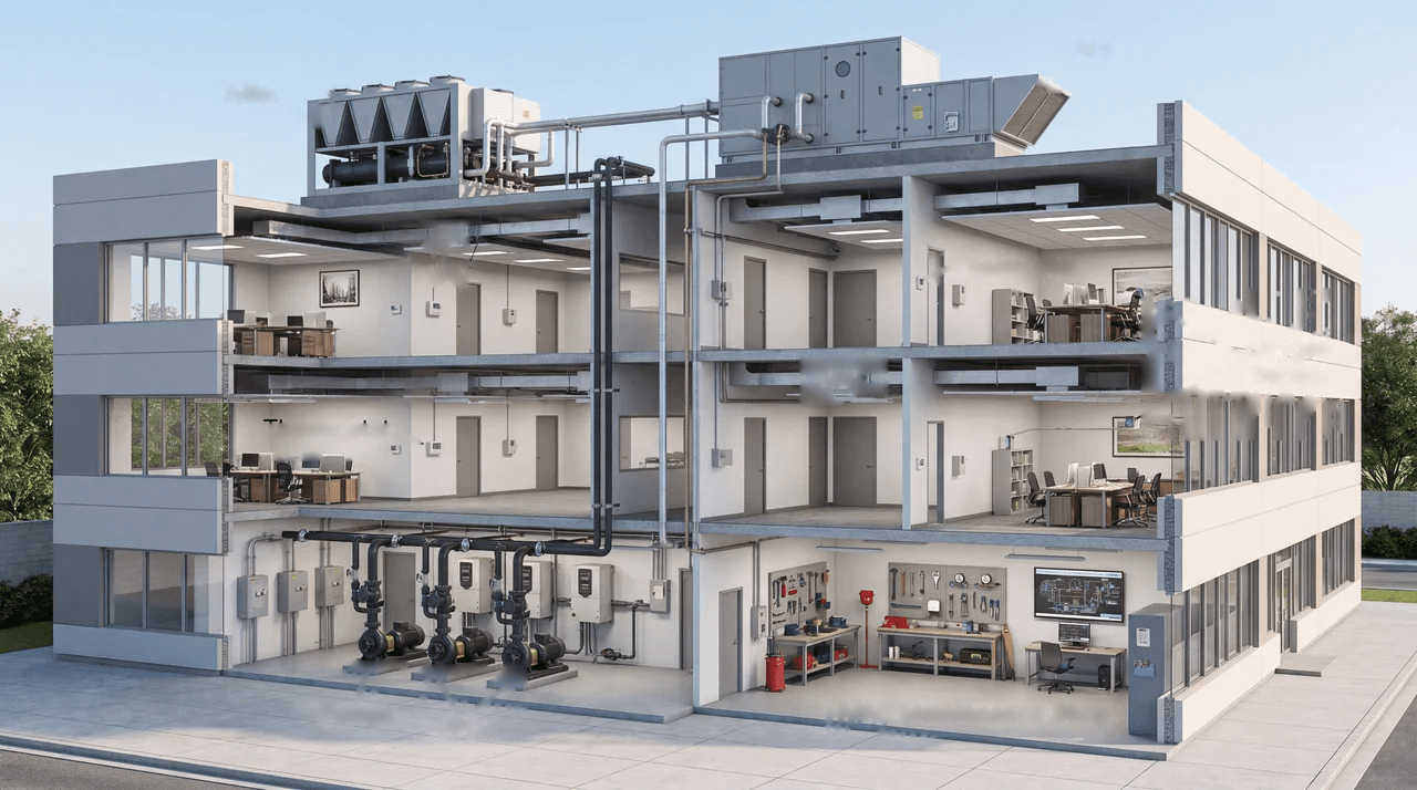 Cutaway of a multi-storey building showing chillers and air handlers on the roof, pumps and variable-frequency drives in the basement plant, and air-handling, VAV, and zone equipment across the occupied floors.