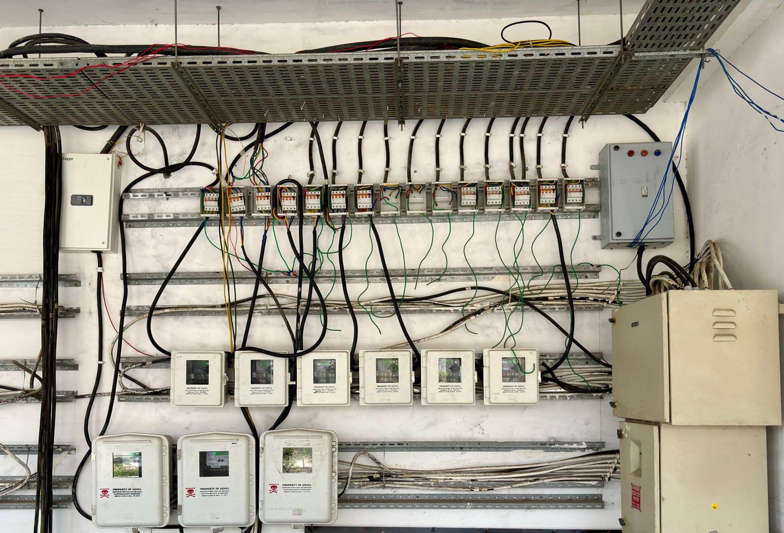 Industrial control panel with wiring and terminal blocks