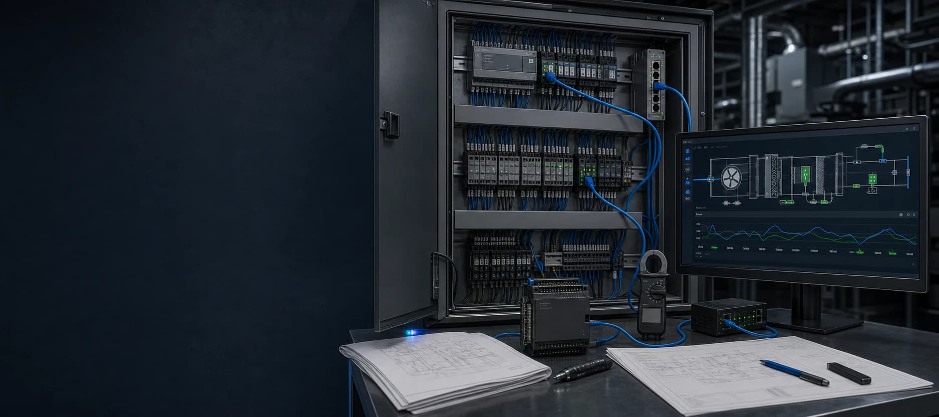 Representative controls environment with an open BAS cabinet, controller, network equipment, drawings, and an operator display.