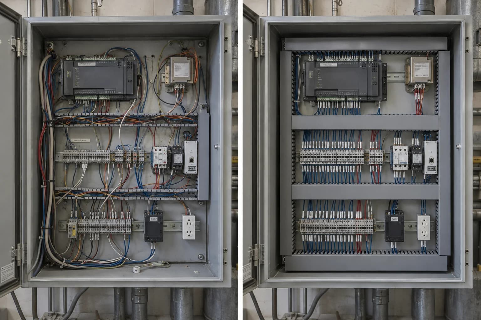 Side-by-side conceptual comparison of a controls panel with uneven wiring and missing labels, and a neatly routed, consistently labeled panel