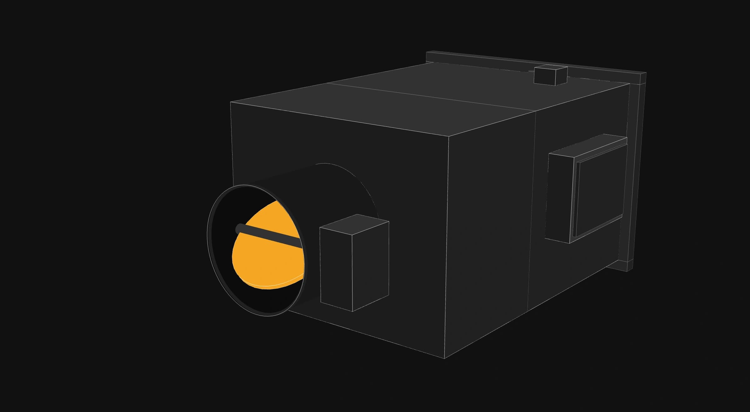Simplified 3D render of a single-duct VAV terminal: an open saffron damper blade inside the round inlet collar, a shaft-mounted actuator beside it, and the controller enclosure on the casing side.