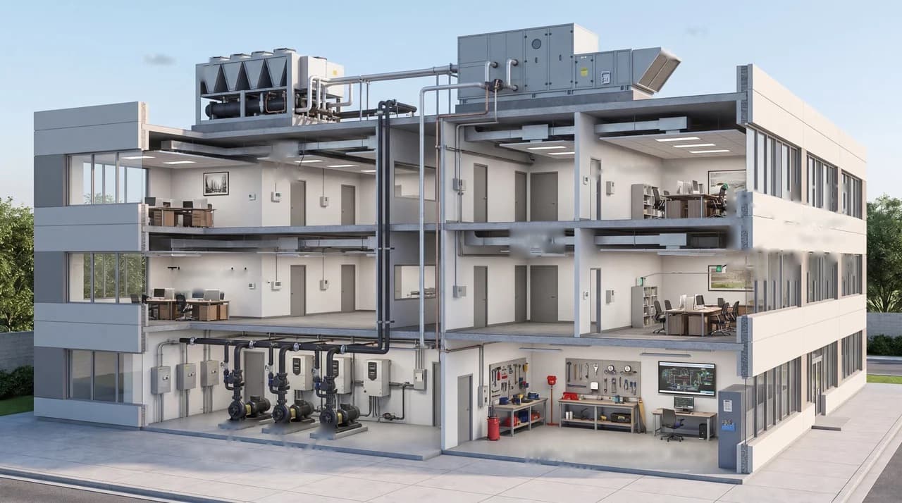 Cutaway of a multi-storey building showing chillers and air handlers on the roof, pumps and variable-frequency drives in the basement plant, and air-handling, VAV, and zone equipment across the occupied floors.