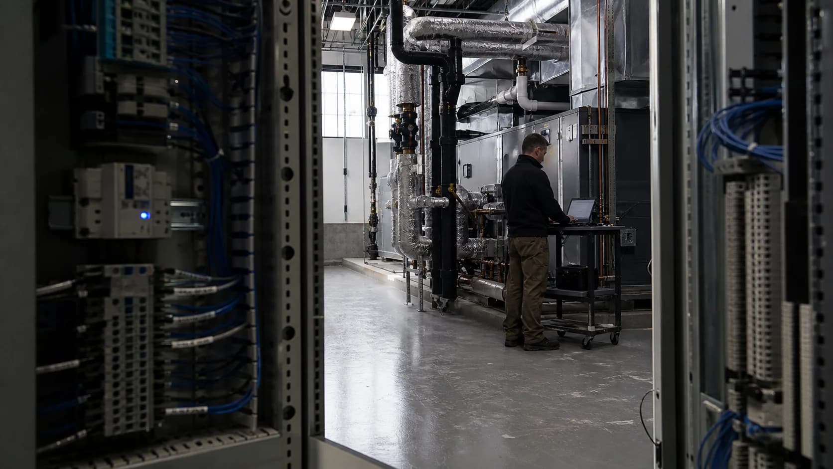 View from inside an open building automation control cabinet toward a controls engineer working at a laptop in a commercial mechanical room.