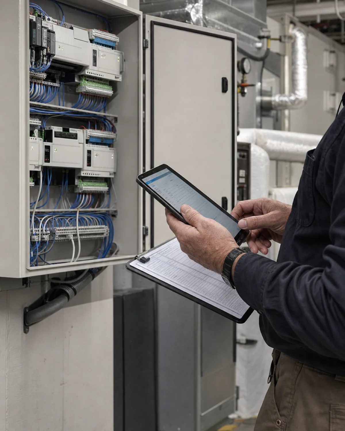 Controls engineer reviewing a point list beside an open low-voltage building automation panel.