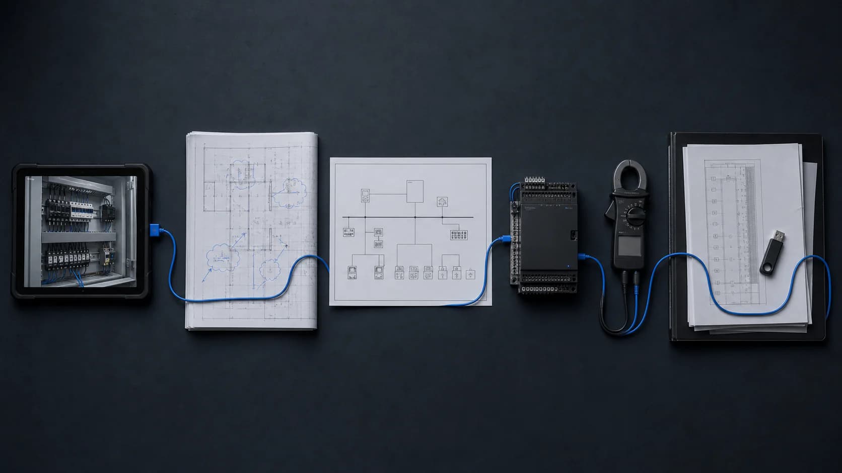 Five stages of a building-controls project shown through field assessment, planning, system design, commissioning, and owner handoff.