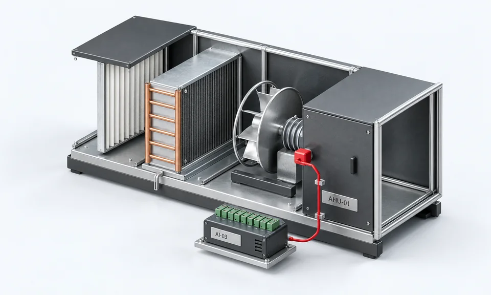 Graphite air-handler cutaway with filter, coil, fan and supply-air probe