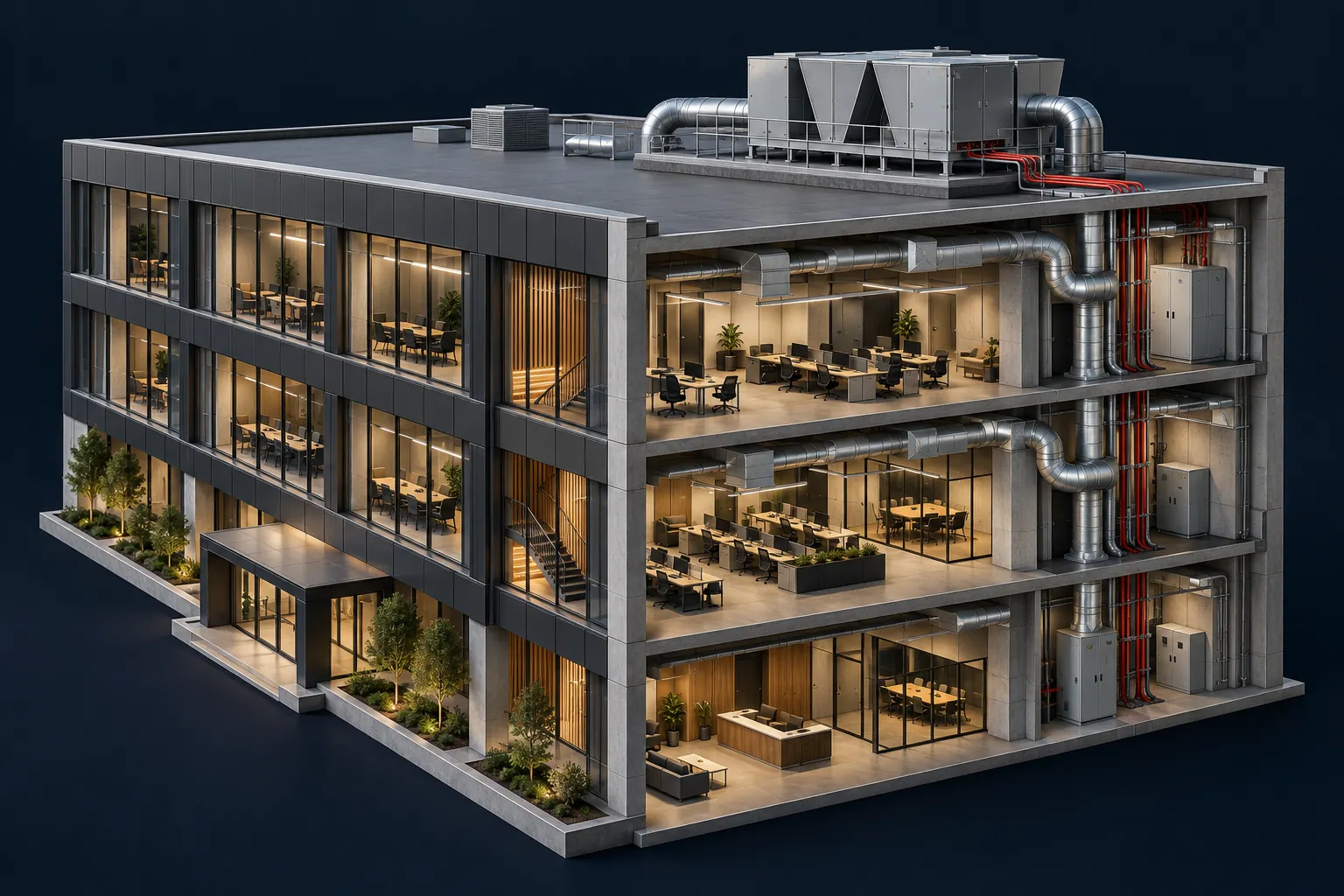 Conceptual three-dimensional building cutaway showing rooftop air handling, floor plates, a mechanical riser and connected controls