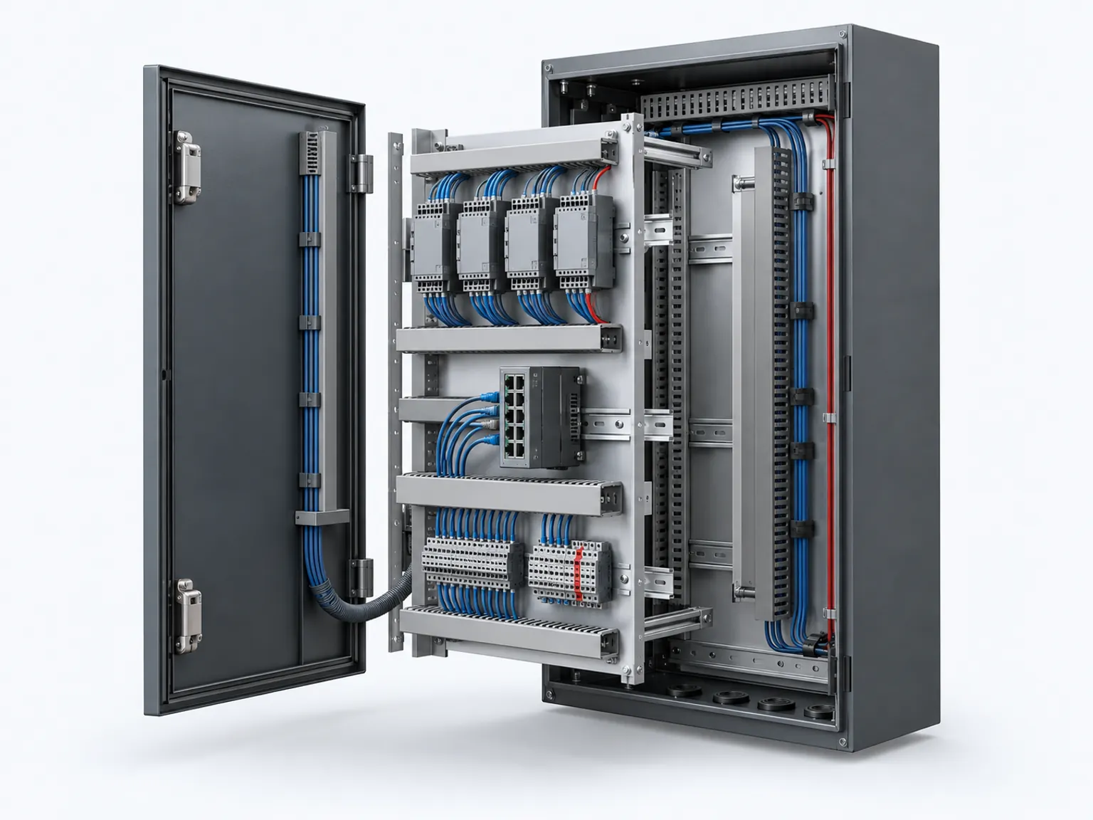 Conceptual exploded controls cabinet with enclosure, DIN rails, controller modules, terminal strips and organized wiring